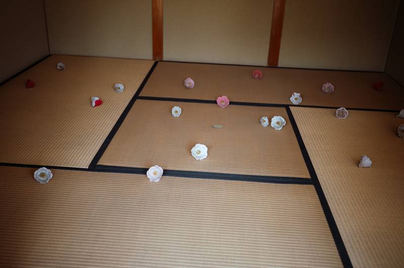 Wooden camellia flowers at Gokaisho, Art House Project, Naoshima